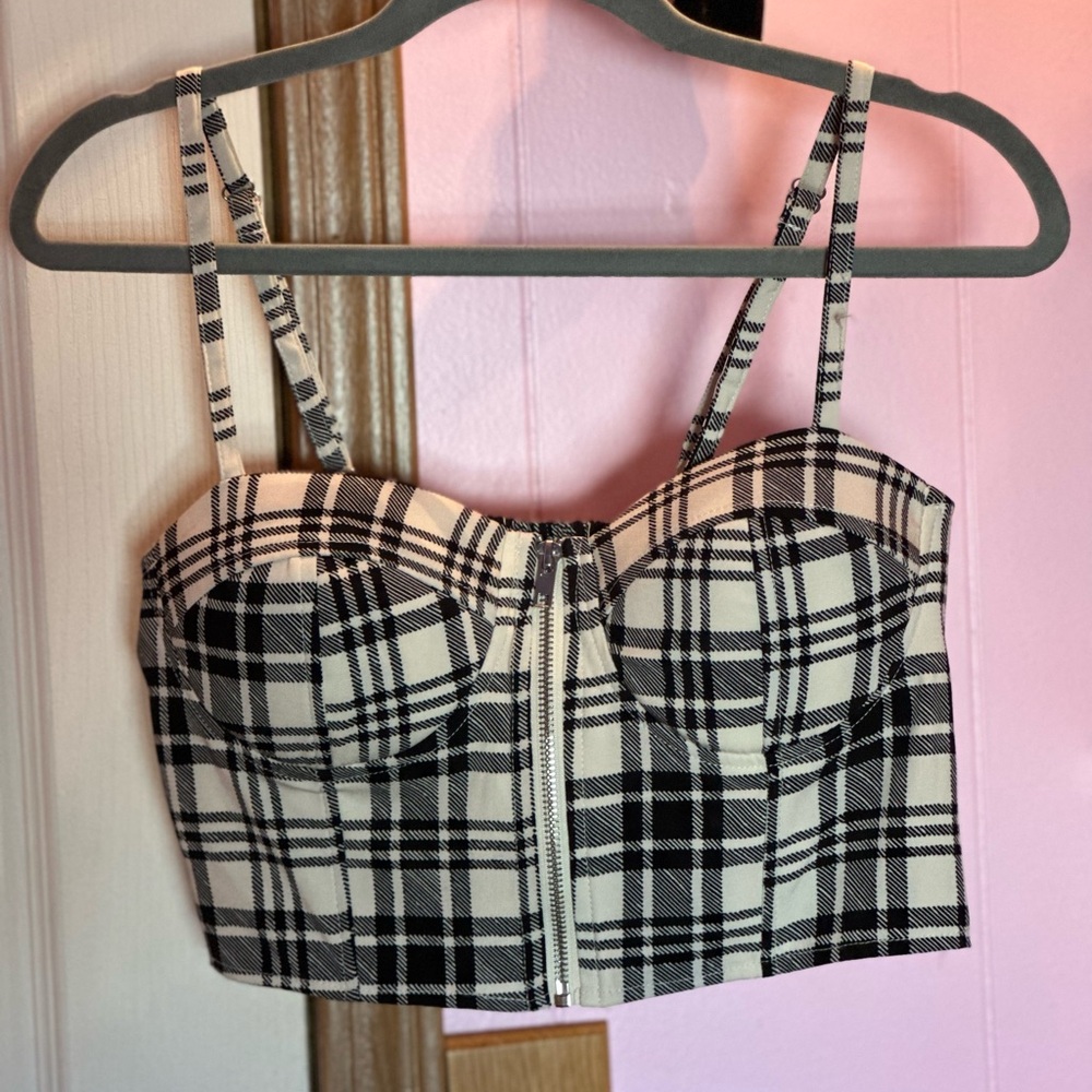 Plaid Crop Top with Front Zipper